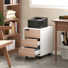 MDF Mobile File Cabinet w/ 3 Drawers Locking Wheels Metal Rails Oak Tone White