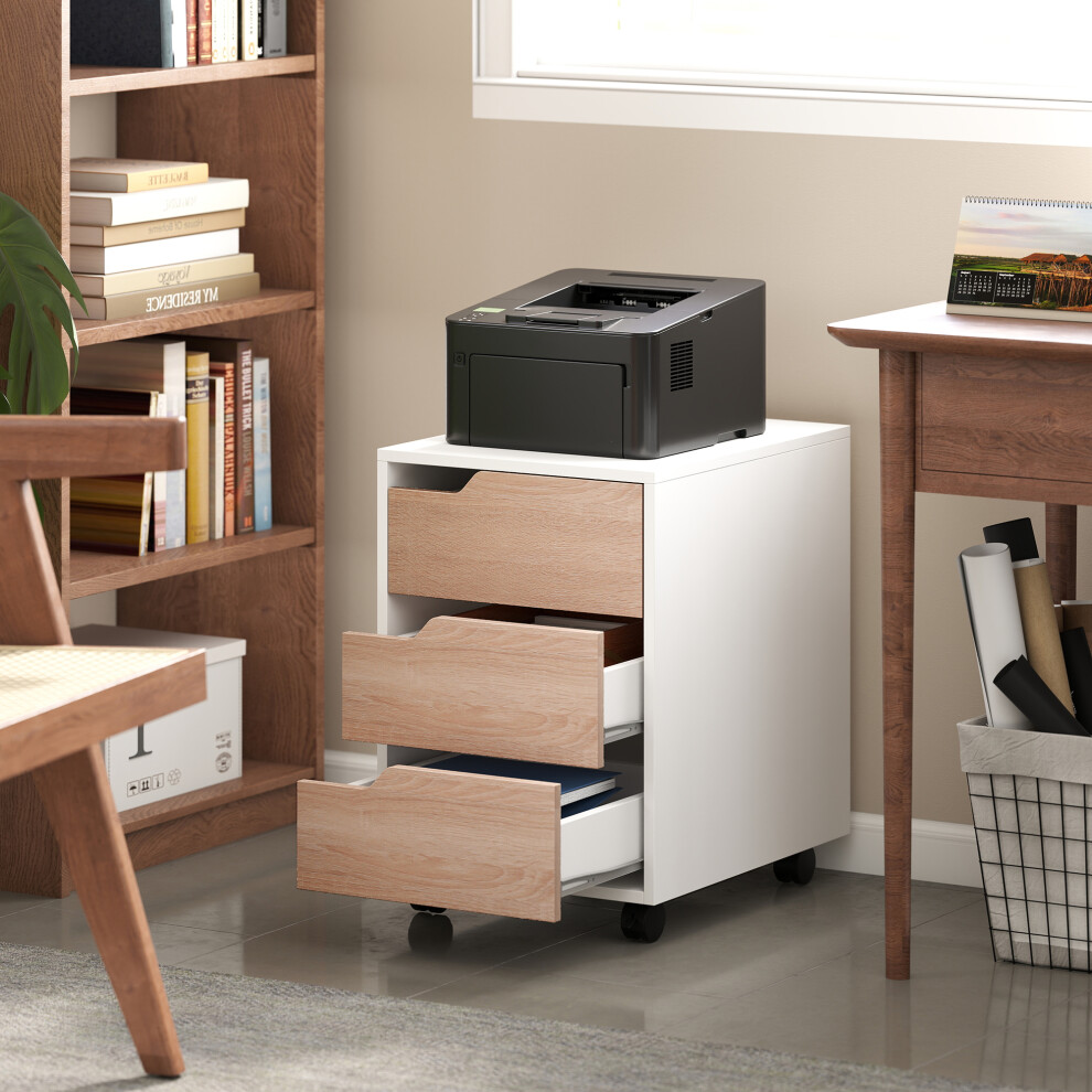 MDF Mobile File Cabinet w/ 3 Drawers Locking Wheels Metal Rails Oak Tone White