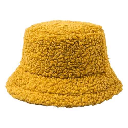 Women Student Thicken Fuzzy Plush Bucket Hat Solid-Yellow