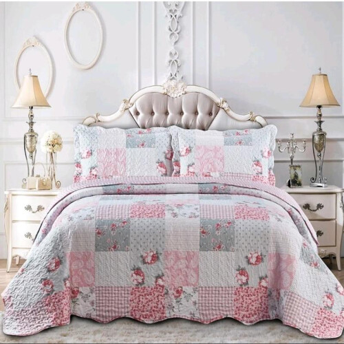 (Floral Grey, Double/King) Quilted Patchwork Bedspread & Pillow Shams Set - Cozy Comforter