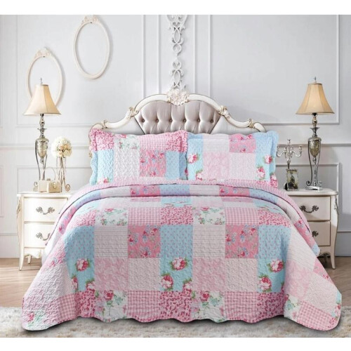 (Floral Grey, Double/King) Quilted Patchwork Bedspread & Pillow Shams Set - Cozy Comforter 2