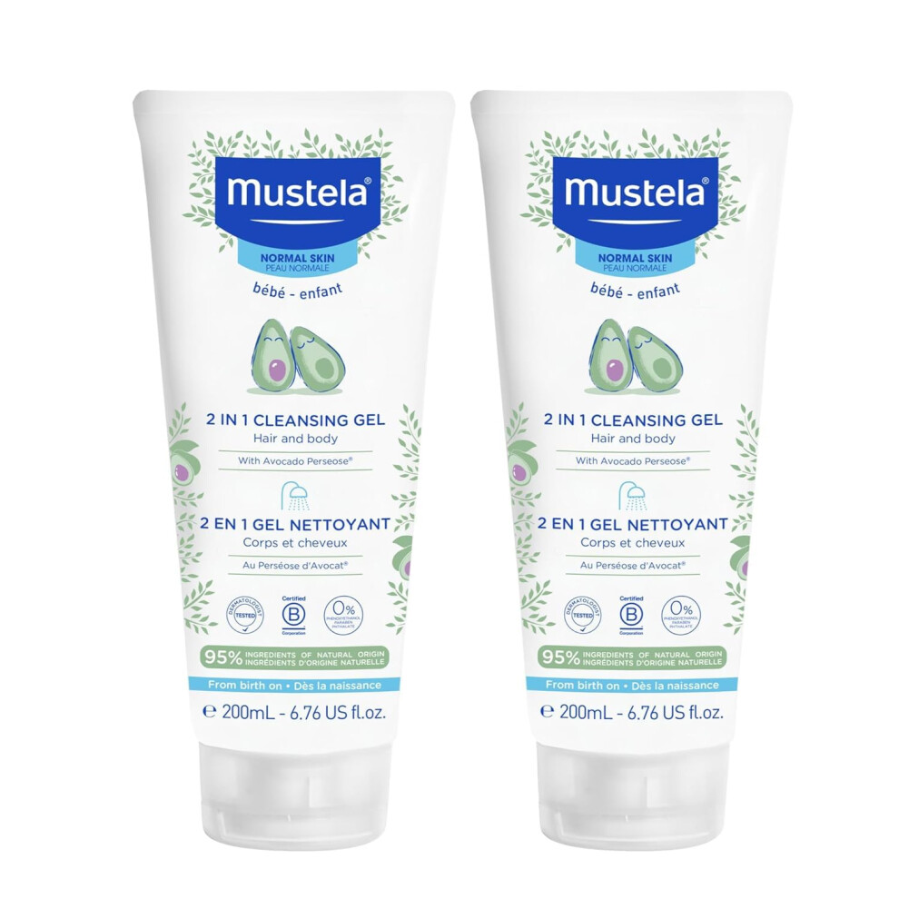 Baby 2-In-1 Cleansing Gel - Baby Body & Hair Cleanser - With Natural Avocado - Biodegradable Formula & Tear-Free - 6.76 Fl. Oz. 2-Pack Mustela