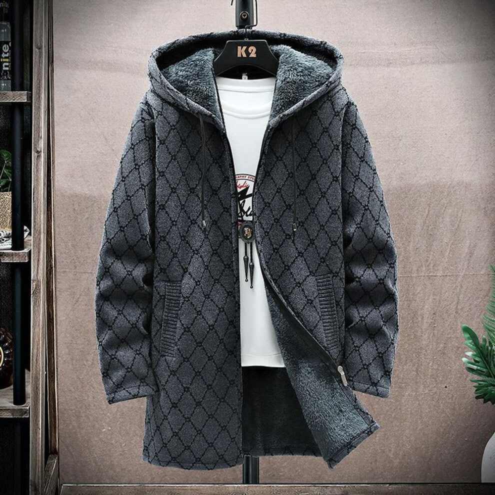 (dark grey, S) Men Long Cardigan Knitted Hooded Sweater Coat Winter Warm Thick Plaid Embroidery Zip Fleece Lined Long Jacket Mens Clothes-image-OPC-PMQ8WPK-NEW