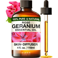 Kukka Rose Geranium Essential Oil for Skin - 4 Fl Oz - 100% Pure Natural Geranium Oil for Diffuser & Aromatherapy - Soap Making Scent & DIY