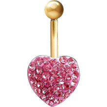 (As show, One size) 2025 Latest Model Ladies 9ct Yellow Gold Love Heart Banana Belly Bar - 10mm Baby Pink Round Crystal