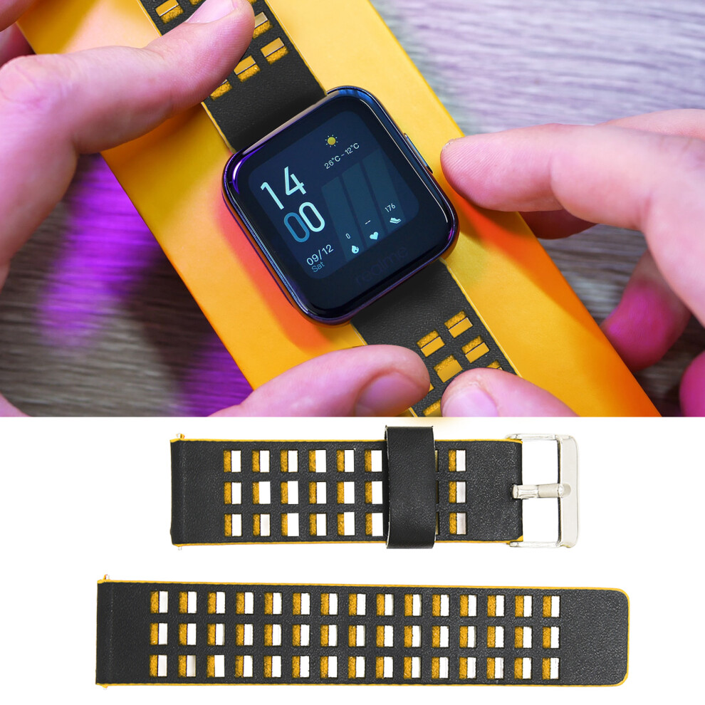 Leather Watch Band Strap For Realme Watch 2 22Mm Black Yellow Black,Yellow 9481357761669