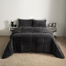 (Charcoal, King) OHS Soft Cosy Teddy Fleece 10.5 Tog Coverless Washable Travel Duvet Cover and Pillowcase Bedding Set