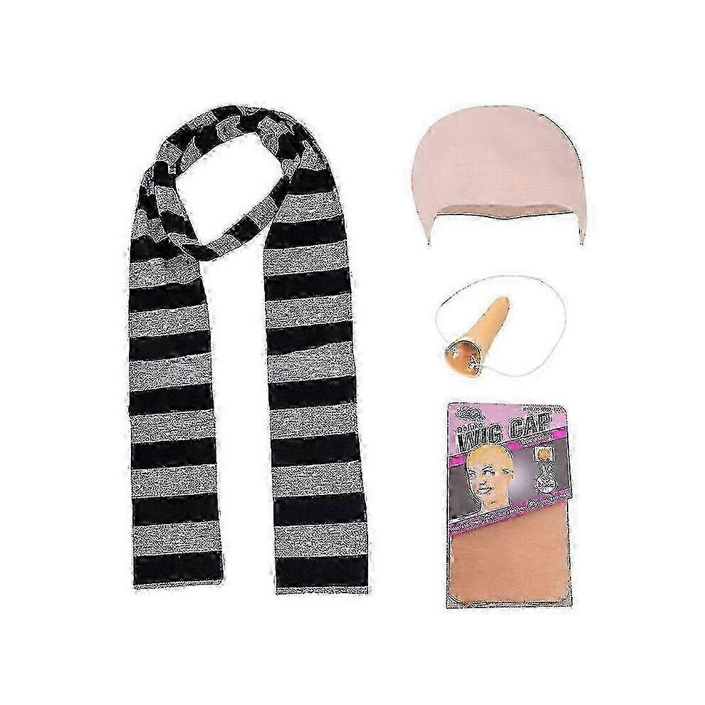Kikidex (As Show, One Size) 4Pcs Despicable Me Gru Cos Kits Fake Nose Bald Cap Halloween Costume Accessories Gray Striped Scarf Cospl Black