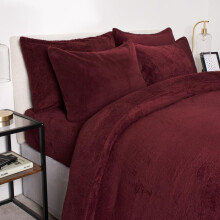 (Burgundy, Single) OHS Teddy Fleece Duvet Set Thermal Winter Warm Super Soft Cosy Plush Plump Duvet Cover and Pillowcase Bedding Set Home Bedroom