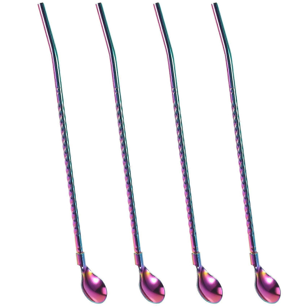 Kikidex (As Show, One Size) Rainbow Ice Tea Spoon With Straw Handle, Stainless Steel Titanium Rainbow Plating,4 Pieces