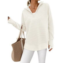 Women's Quarter Zipper Long Sleeve Loose Ribbed Knit-White S