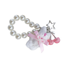 Stylish Rabbit Cherry Charm Detachable Keychain Pearls-White
