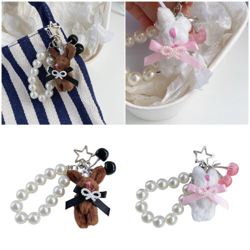Stylish Rabbit Cherry Charm Detachable Keychain Pearls-White 2