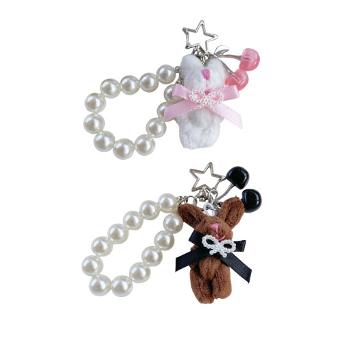 Stylish Rabbit Cherry Charm Detachable Keychain Pearls-White 1