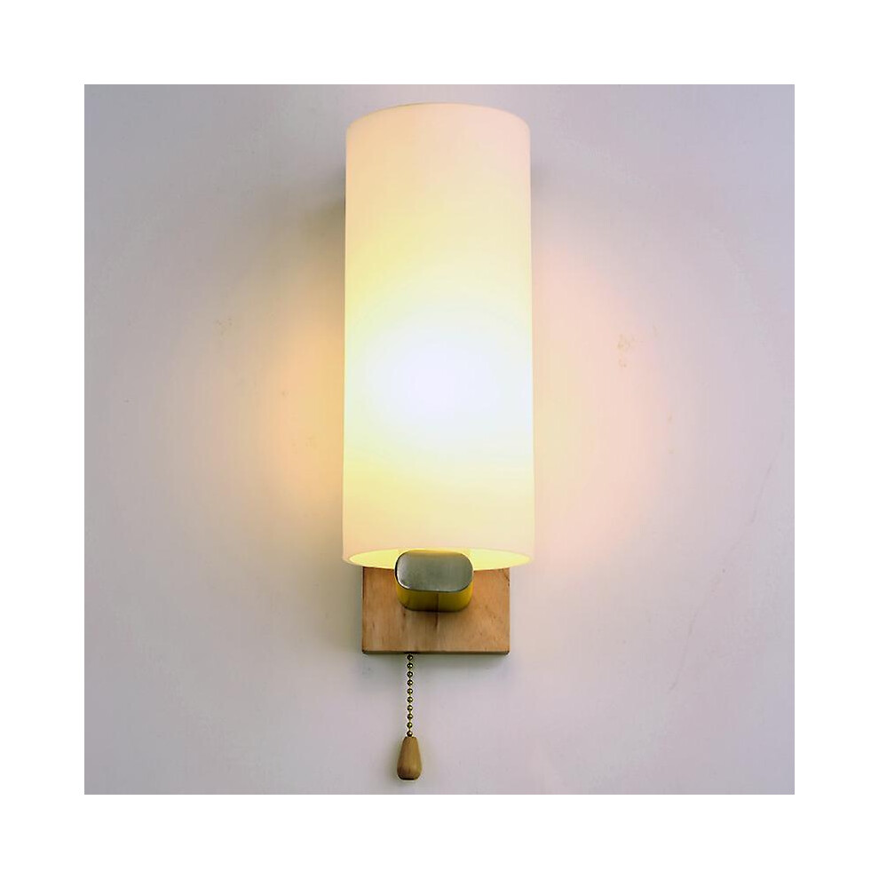 Kikidex (As Show, One Size) Wooden Wall Light With Chain Switch, Simple Japanese Milky White Glass Lampshade, Modern Nordic Lantern, Bedside Lamp
