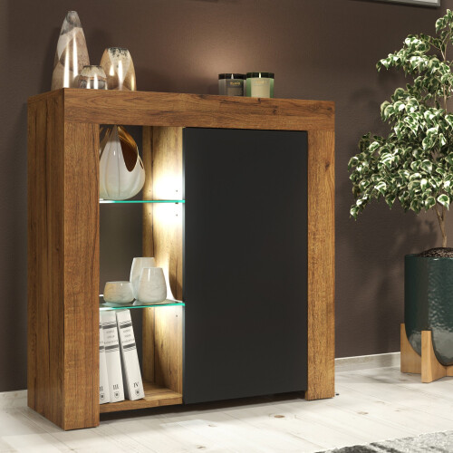 Creative Furniture Serene Sideboard 83cm - Dark Oak & Black Matt Doors + LED Lights