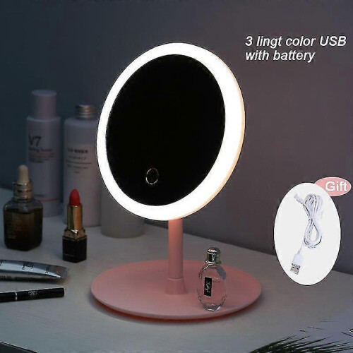 (pink 3 light color) Makeup Mirror With Light  White Led Daylight Vanity Mirror Detachable/storage Base 3 Modes Mirror With Light Gift Usb Cable 1