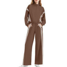 Women's two-piece set with zip-up sweatshirt and loose-brown XL