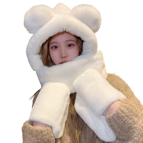 Thick Windproof Trapper Hat Warm Gloves Ushanka Hat-White SSS