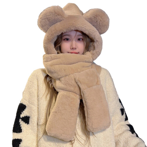 Warm Bear Hat Trapper Hat Thicken Ushanka Hat Gloves-khaki SSS