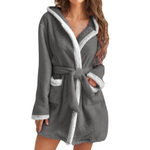 Damen-Bademantel mit Kapuze, Fleece-Bademantel,-Grau L