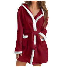 Damen-Bademantel mit Kapuze, Fleece-Bademantel,-Claret S