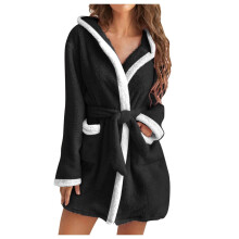 Damen-Bademantel mit Kapuze, Fleece-Bademantel,-Schwarz XXL