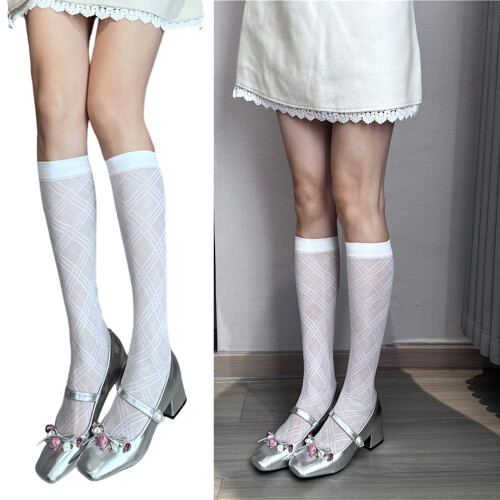 Modische transparente Strumpfhose mit rhombischem Muster,-Weiß 2