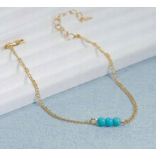 Women's Gold-Tone Beaded Bracelet - elegant adjustable copper jewellery with three turquoise accents, 18-23cm