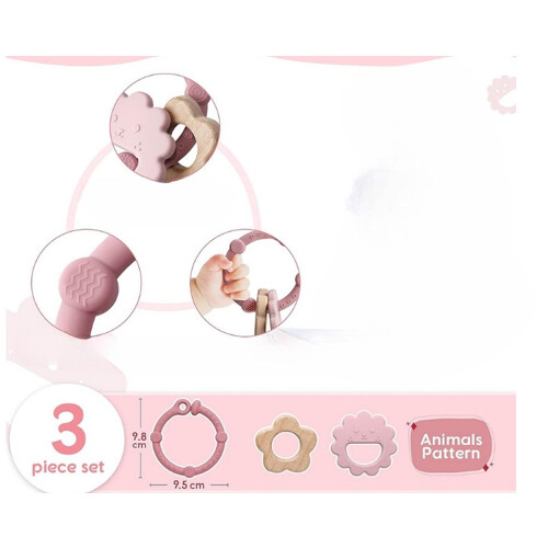 Anneau de dentition sensoriel pour bébé avec poignée 3 pièces Rose 2