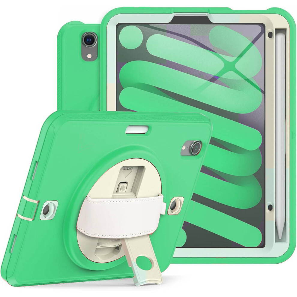 Heavy-Duty Case For Ipad Mini 6 - Shockproof Cover With 360 Rotating Kickstand, Hand Strap, Shoulder Strap & Pencil Holder, Green 5906792656683