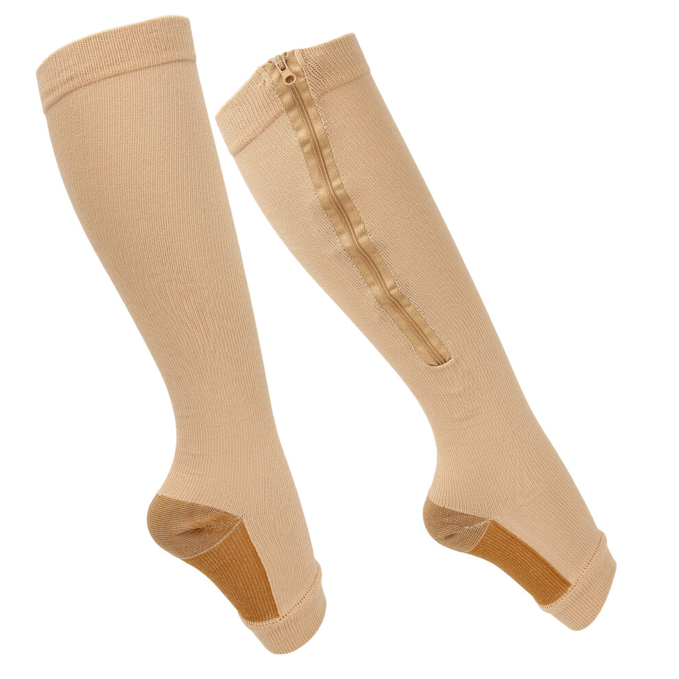 Reusable Nylon Zipper Compression Socks for Women Open Toe Skin Color L/XL