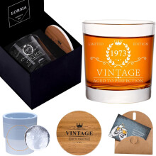 Engraved 1973 Whisky Glass Gift Set - Tumbler with Ice Ball Mould, Coaster & Card for Birthday Anniversary Presents for Men