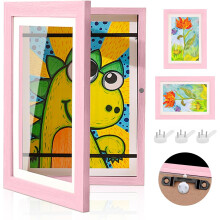 Children's Front Opening Art Frame - Pink A4 Wooden Picture Display & Artwork Storage Box for Wall Mounting