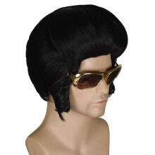 Perruque Homme Style Années 50-60 Elvis Ensemble avec Lunettes Tour de Tête 56 cm Noir