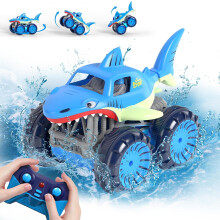 Remote Control Shark Car for Kids - 4WD All-Terrain Amphibious Stunt Vehicle with 360 Spin, LED Lights & USB-C Charging
