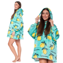 Oversized Wearable Blanket Hoodie - Warm Sherpa Lined Snuggle Top with Kangaroo Pocket Green Lemon Print for Adults & Teens