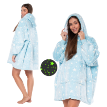 Warm Oversized Hooded Blanket - Blue Starry Sherpa Lined Fleece Wearable Snuggle Hoodie for Adults with Large Pocket