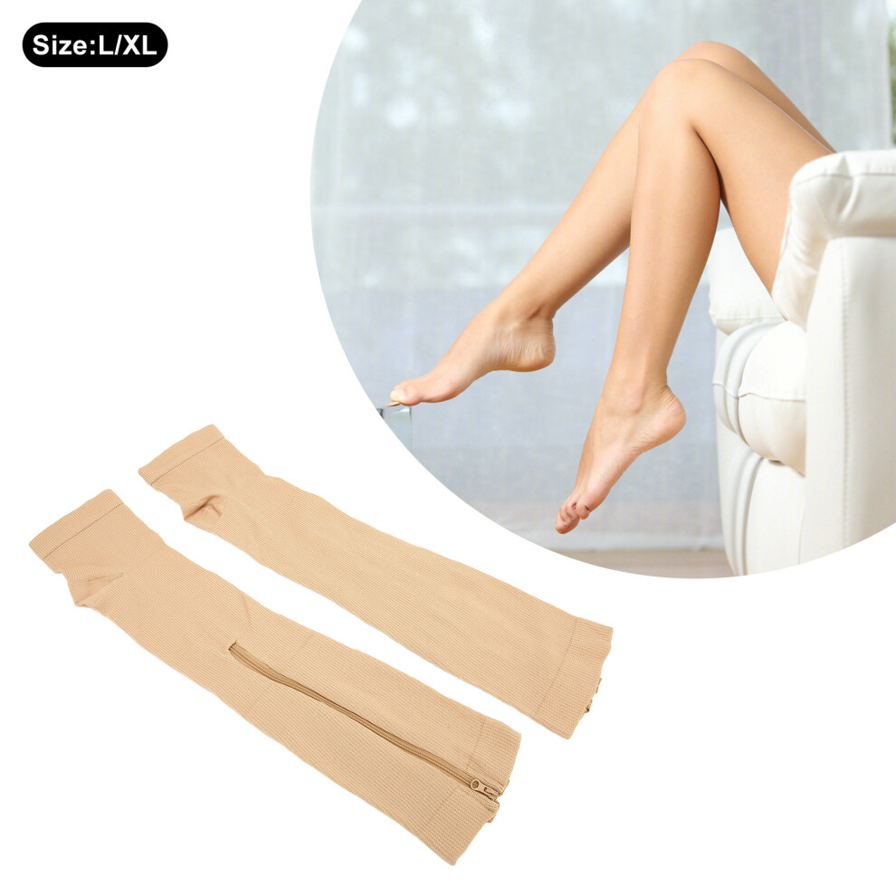 Open Toe Compression Stockings Nylon Skin Tone L/XL with Zipper for Blood Flow