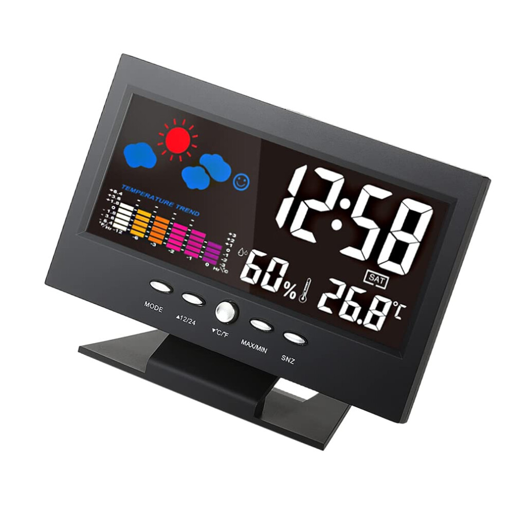 Celsius/Fahrenheit Indoor Colorful LCD Temperature Humidity Meter Clock With Calendar, Alarm, Weather Forecast