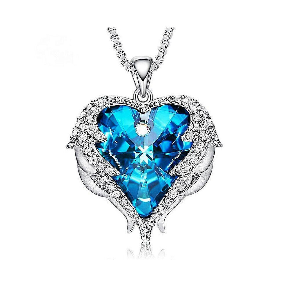 Kikidex (As Show, One Size) Ocean Heart Necklace Female Angel Wings Crystal Clavicle Necklace - Blue