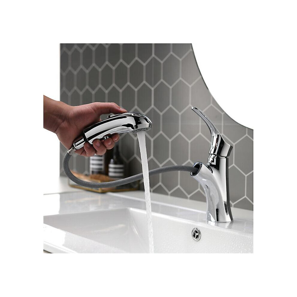 Kikidex (As Show, One Size) Bathroom Faucet With Pull Out Spray Basin Mixer For Bathroom Chromed Brass Sink Faucets Stop Button