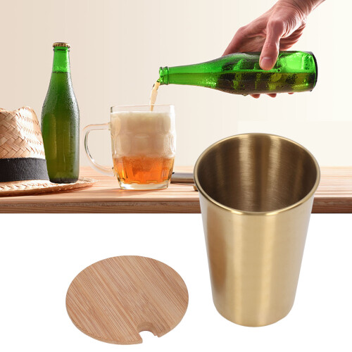 500ML Edelstahl-Bierkrug mit Bambusdeckel, Gold