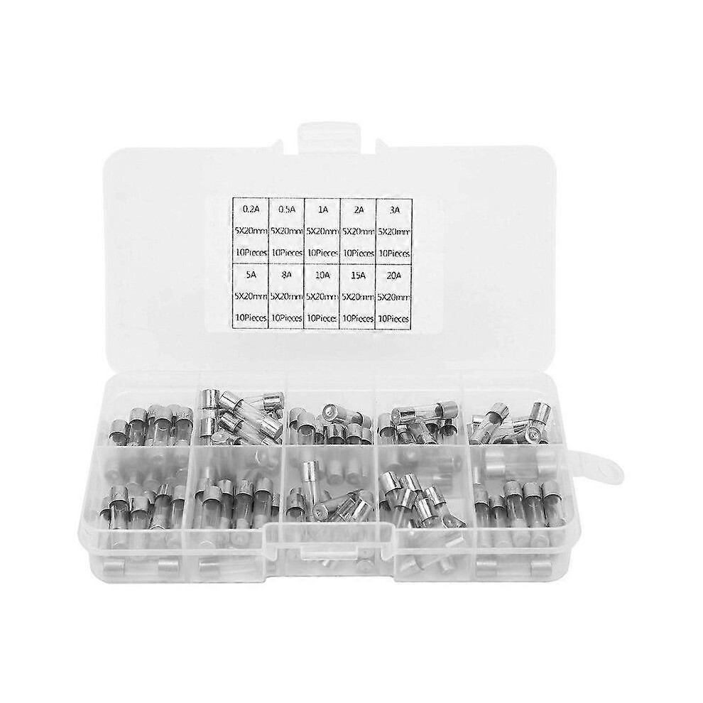 Kikidex (As Show, One Size) 100Pcs Glass Fuse Assorted Kit Industrial Supplies 5 X 20Mm 0.2/0.5/1/2/3/5/8/10/15/20Amp
