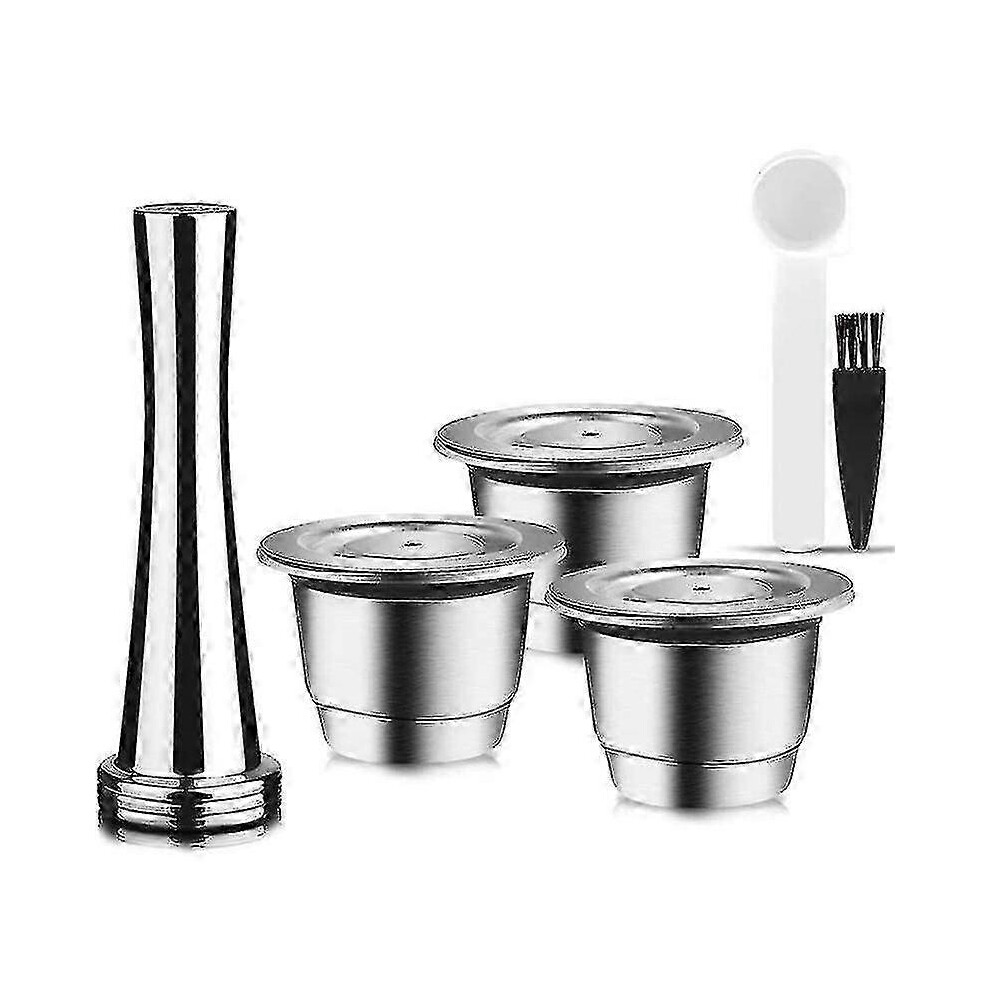 Kikidex (As Show, One Size) Capsules Reusable, Stainless Steel, 3 Pieces Refillable Pads For Nespresso + 1 Tamper + 1 Spoon + 1(Kui)