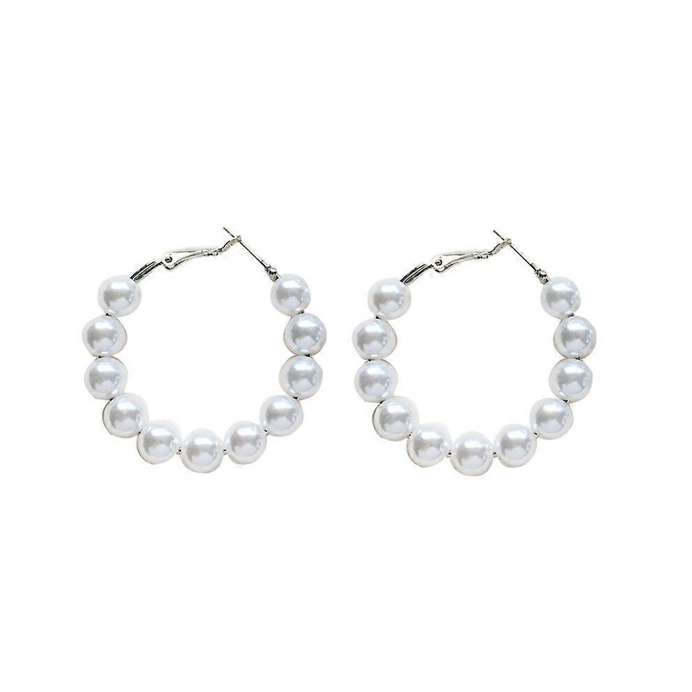 Kikidex (As Show, One Size) 1 Pair Women's Faux Pearl Hoop Earrings Round Dangle Earrings Faux Pearl Beaded Earrings White
