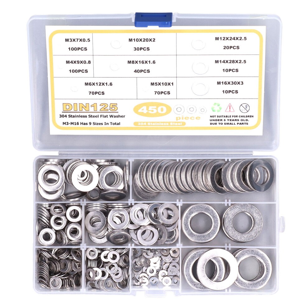 450Pcs Stainless Steel Flat Washers M3-M16 Assortment Kit-image-OPC-PMQJK6K-NEW