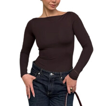 Dames T-shirt met lange mouwen, boothals, slim-koffie bruin L