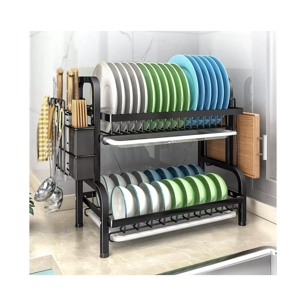 (Default) 2 Tier Dish Drainer Plate Rack With Drip Draining Plate Bowl Tray Sink Drying Christmas Gift 5042208012831