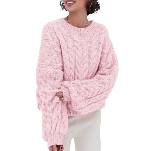 Women's chunky knit soft loose round neck pullover-Pink XL